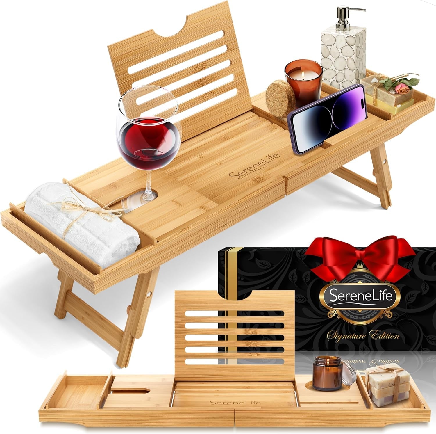 Bamboo Bath Caddy Tray – Waterproof Bathtub & Bed Tray with Wine Glass & Device Holder - Treasure Mementos